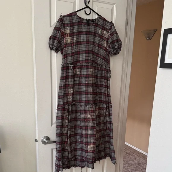 R13 Gothic Baby Doll Dress with Rings in Red/Blue Bleached Plaid M - Picture 2 of 10